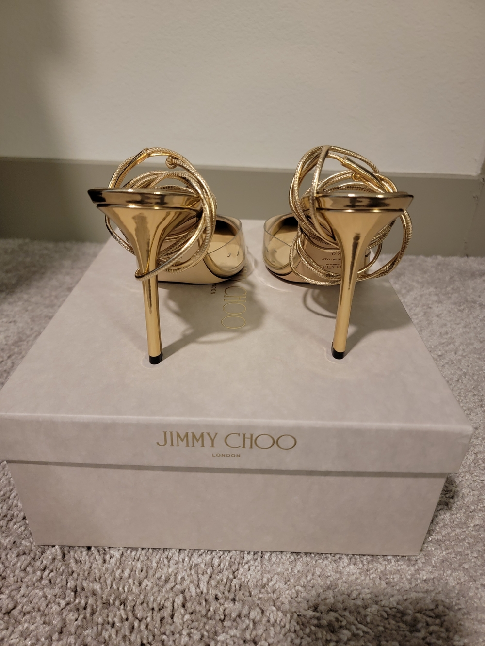 Jimmy Choo Farley Gold Pointed Toe Clear Lace-Up Pumps - Picture 3 of 7